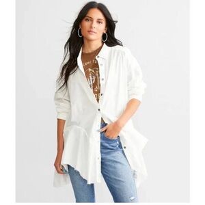 New FREE PEOPLE White Very Oversized Long Sleeve Button Down Raw Edge Shirt